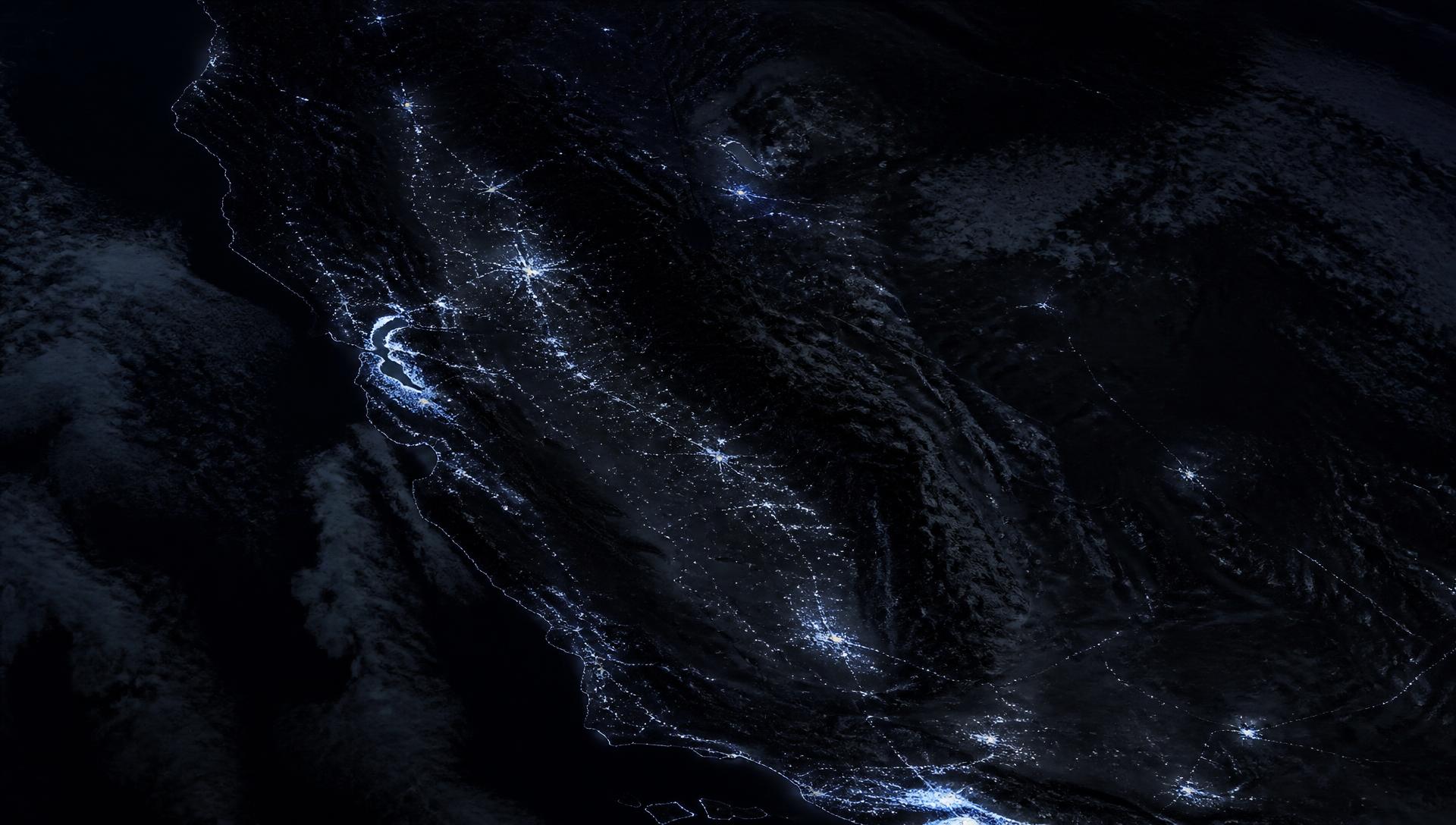 Nighttime satellite view of California with city lights