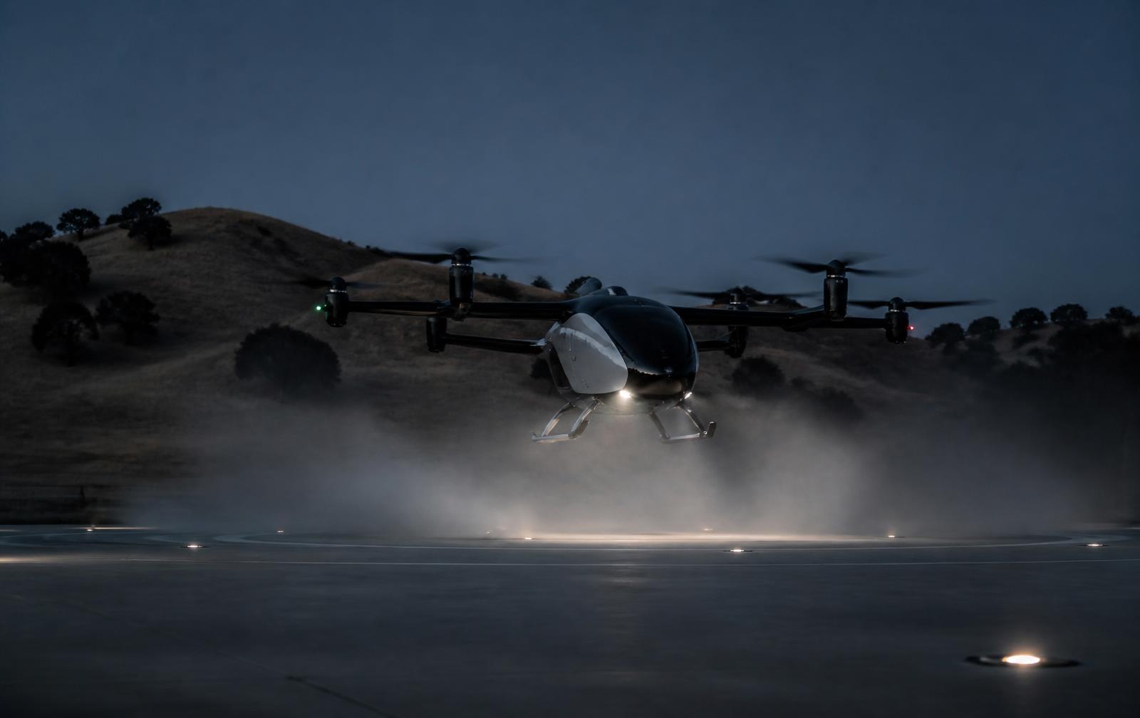 eVTOL aircraft lifting off from a vertipad