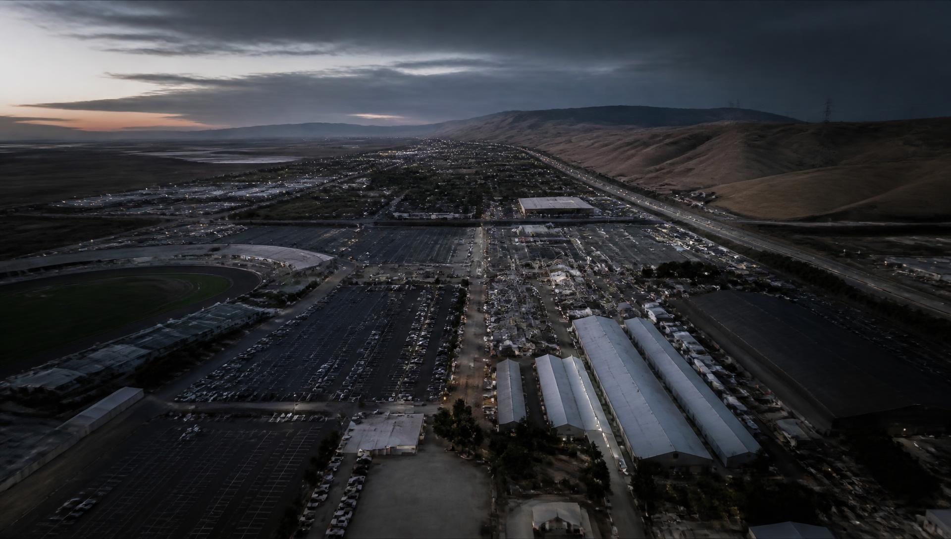 Aerial view of a California fairground at dusk